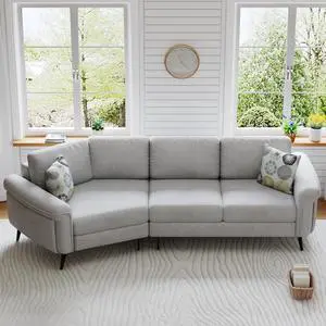 111" Upholstered 3-seater Sofa Curved Sofa Couch with Two Printed Pillows for Living Room, Gray