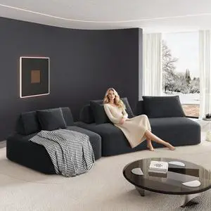 139" Modern Light Luxury Oversized Modular Sectional Sofa Set,DIY Upholstered Fluffy Chenille Sofa with Removable Backrests and Soft Pillows,Deep Seat Couch & Sofa Bed for Living Room,Office,Dark Grey