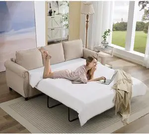 [NEW ARRIVED] [VIDEO PROVIDED] 81.5" 2-in-1 Queen  Convertible Sleeper Sofa Bed,  Pull Out Couch Bed,3 seater sofa bed,with 3.35" Memory Foam Mattress ,Rivet handrail,Living Room, Apartment,  Beige