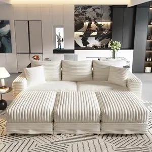 82.7 "Plush Corduroy 3-Seat Sofa,Modern Comfy Upholstered Sofa Cloud Couch,Deep Seat Couches with Soft Pillows and 3 Ottomans,Convertible Sofa Lounge Chair,for Living Room,Apartment,Office,Beige/White