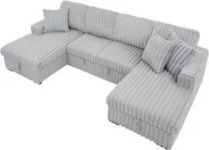 U Shaped Sleeper Sofa, 122 inch Overisze - 2 in 1 Pull Out Bed, Sectional Sleeper Sofa with Double Storage Chaise for Living Room, Rabbit plush Corduroy Fabric Couch, Grey