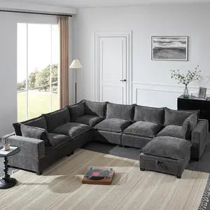 [VIDEO+NEW]118'' Modular Sectional Sofa with Movable Storage Ottoman,7 Seat U Shaped Couch,Wide Seat & Free Combination,Oversized Chenille Sofa for Living Room & Apartment,2 Colors