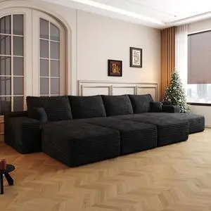 135"Large size modular cloud sofa 6 seats down sofa bed apartment living room sofa ,No Assembly Required,Black(Plush Corduroy Fabric)