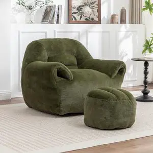 Bean Bag Chair, Comfy Bean Bag Sofa with Back Support, With Footstool,Faux Fur Bean Bag Chair for Adults and Kids, Stuffed Floor Sofa for Living Room, Bedroom, Apartment, Green