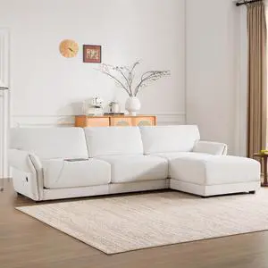 [VIDEO]110" Modular Sectional Sofa, L-Shape with Extra-Wide Seat Cushion, USB and Type-C Charger, Petal Armrest Design, High Density Foam, Free Movement Ottoman, Wood Frame, Chenille, 4 Seat, 3 Colors