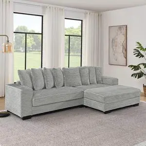 Corduroy Tufted Upholstered Sleeper Sectional Sofa, L-Shaped Modular Convertible Sofa , Can freely change the position of the footrests-Gray(Assembly is required)