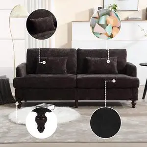 Mid Century Modern chenille Fabric Loveseat sofa, 2-Seat Upholstered Loveseat Sofa Modern Couch for Living Room,Brown wood feet sofa for Bedroom, Reading (Black Chenille)