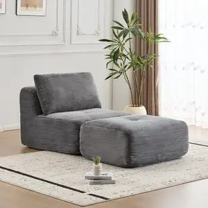 Modern Memory Foam Compressed Sofa,Single Chaise Longue for Living Room,Pet-Friendly Cloud Modular Sectional Sofa,Corduroy Fabric,Movable Ottoman,No Assembly required,Grey
