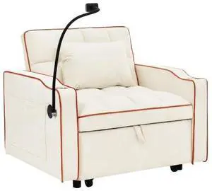 1 versatile foldable sofa bed in 3 lengths, modern sofa sofa sofa velvet pull-out bed, adjustable back and with USB port and ashtray and swivel phone stand creamy white