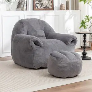 Bean Bag Chair, Comfy Bean Bag Sofa with Back Support, With Footstool,Faux Fur Bean Bag Chair for Adults and Kids, Stuffed Floor Sofa for Living Room, Bedroom, Apartment, Grey