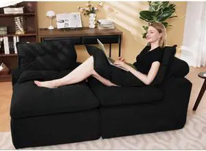 [NEW ARRIVED] [VIDEO PROVIDED]Modular Sofa,No Armrests,At will DIY,Soft Corduroy Fabric,Neck Pillow-Back Lounge Sofa Chair,Reading Nook, or Apartment Living, Lumbar Pillow,2 Seats,Upholstered,Black