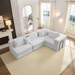 Oversized Upholstered Sectional Sofa Couch Set,Modular 118.2" L Shaped Floor Living Room Sofa Set With 6 Pillows,DIY Combination Sofa Couch for living rooms, apartments,bedrooms,Beige/White