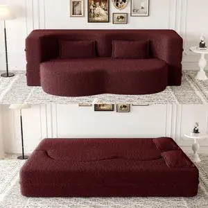 Modern Floor Sofa with 2 Pillows,Convertible Teddy Fabric Foam-Filled Sleeper Sofa Bed,15" Full Size Folding Mattress for Living Room,Guest Bed,no assembly required,Burgundy(Same series:W1885P2722)