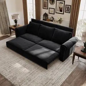 Chesterfield Sofa,93.7" King Pull Out Sofa Bed,3-in-1 Velvet Convertible Sleeper Sofa with Nailhead Trim & Rolled Arm,Multi-Functional Sofa Bed for Living Room,Bedroom,Black(old sku:W1885S00039)