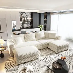 102.4 "Plush Corduroy 4-Seat Sofa,Modern Comfy Upholstered Sofa Cloud Couch,Deep Seat Couches with Soft Pillows and 2 Ottomans,Convertible Sofa Lounge Chair,for Living Room,Apartment,Beige/White