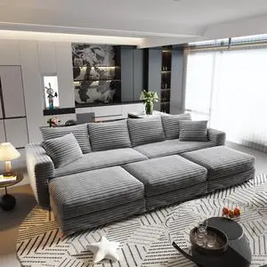 102.4 "Plush Corduroy 4-Seat Sofa,Modern Comfy Upholstered Sofa Cloud Couch,Deep Seat Couches with Soft Pillows and 3 Ottomans,Convertible Sofa Lounge Chair,for Living Room,Apartment,Office,Grey