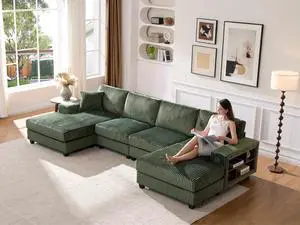 Convertible U-shaped Combination Sofa, Corduroy Fabric, Modern Comfortable Large Size 4 Seat Sofa, Living Room Double Lounge Chair ,Green