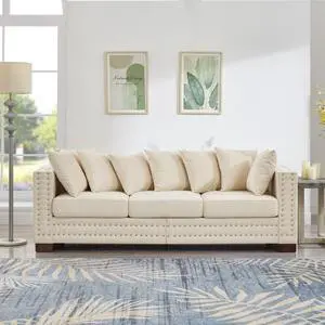 Modern Design Living Room Sofa Square armrest with Silver Nails Decoration Upholstered Velvet Couch Apricot