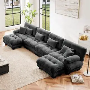 Free Combination Modular Sectional Sofa,U Shaped Couch for Living Room, 4-Seater Comfy Cloud Couch with 2 Ottomans, Chenille Gray