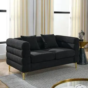 60Inch Oversized 2 Seater Sectional Sofa, Living Room Comfort Fabric Sectional Sofa-Deep Seating Sectional Sofa, Soft Sitting with 2 Pillows for Living Room, Bedroom, Office, Black teddy(W834S00030)
