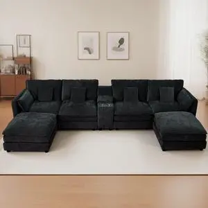 U Shaped Sectional Cloud Couch for Living Room,144" Comfy Fluffy Modular Sofa with Movable Ottoman Modern Chenille 6 Seat Sectional Sofa Set with Storage Box, Cup Holders,Black