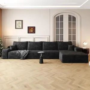 135" Cloud Sectional Couch with L-Shape Chaise,Modern Modular Sofa with Deep Seat, Upholstered Couches for Living Room Bedroom,No Assembly Required, Black(Plush Corduroy Fabric)