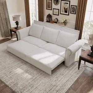 Chesterfield Sofa,93.7" King Pull Out Sofa Bed, 3-in-1 Velvet Convertible Sleeper Sofa with Nailhead Trim & Rolled Arm,Multi-Functional Sofa Bed for Living Room,Office,Beige/White(new sku:W1885S00097)