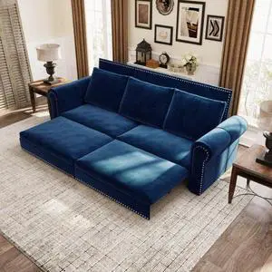 Chesterfield Sofa,93.7" King Pull Out Sofa Bed, 3-in-1 Velvet Convertible Sleeper Sofa with Nailhead Trim & Rolled Arm,Multi-Functional Sofa Bed for Living Room,Bedroom,Apartment,Office, Office, Blue