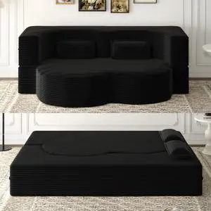 Modern Floor Sofa with 2 Pillows,Convertible Plush Corduroy Foam-Filled Sleeper Sofa Bed,15" Full Size Folding Mattress for Living Room,Guest Bed,no assembly required,Black