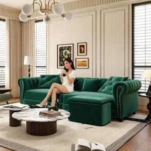 Chesterfield Sofa, 89 " W 3-in-1 Pull-Out Sofa Bed, Convertible Sleeper Sofa Bed,King Size Sofa Bed, Chaise Lounge,Velvet 3-Seater Sofa with Movable Ottoman,  Tufted Design, Green(Old Sku:W1885S00092)