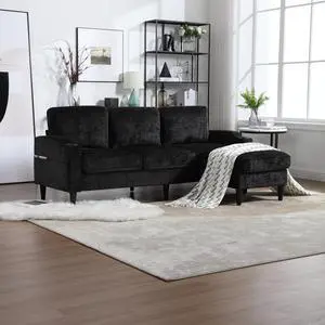 UNITED  WE WIN Sofa for three, solid wood frame, Chenille fabric, side pocket, with two cup holders, footstool with storagestorage sofa /Living room sofa cozy sectional  sofa