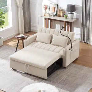 55.9" Convertible Sofa Bed Loveseat Sofa with Three USB Ports, Two Side Pockets, Two Cup Holders and 360°Swivel Phone Holder for Living Room, Beige