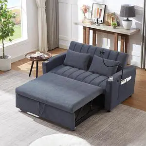 55.9" Convertible Sofa Bed Loveseat Sofa with Three USB Ports, Two Side Pockets, Two Cup Holders and 360°Swivel Phone Holder for Living Room, Blue Grey
