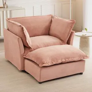 Modern Armchair Sofa 47" Cozy Upholstered Sofa Chair with Movable Ottoman, Wide Seat, Curved Armrests and Soft Pillows for Living Room, Bedroom, Pink