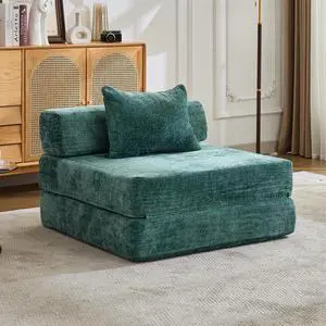 Compression Sofa,Convertible Floor Sofa Bed with Fixed-Shape Frame,Single Seater Boneless Modular Sectional Sofa,No Assembly Required,Chenille fabric,for Living Room Bedroom,Dark Green