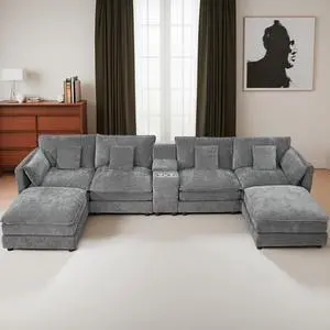 U Shaped Sectional Cloud Couch for Living Room,144" Comfy Fluffy Modular Sofa with Movable Ottoman Modern Chenille 6 Seat Sectional Sofa Set with Storage Box, Cup Holders, Grey