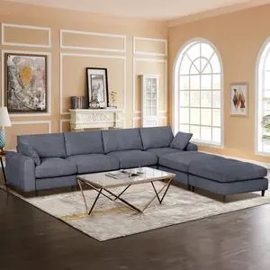 Modern corduroy modular section sofa, U-shaped convertible L-shaped sofa set with pillow, oversized sectional sofa with footstool, suitable for living room, attic, apartment, office - Gray 6 seat