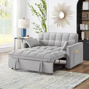 4 in1 Loveseat Sofa Bed with Armrests & Storage Pockets, Multi-Function Tufted Pull-out Sofa Bed with Adjustable Backrest and Pillows, Convertible Loveseat Sofa Couch, Gray