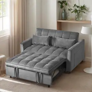 3 in 1 Convertible Sleeper Sofa Bed, Modern Pull Out Couch Bed, Adjustable Backrest, Velvet Loveseat Futon Sofa with Pillows & Pockets for Living Room Apartment,Dark Grey