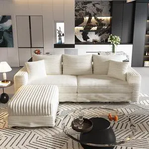 82.7 "Plush Corduroy 3-Seat Sofa,Modern Comfy Upholstered Sofa Cloud Couch,Deep Seat Couches with Soft Pillows and 1 Ottomans,Convertible Sofa Lounge Chair,for Living Room,Apartment,Office,Beige/White