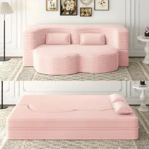 Modern Floor Sofa with 2 Pillows,Convertible Plush Corduroy Foam-Filled Sleeper Sofa Bed,15" Full Size Folding Mattress for Living Room,Guest Bed,no assembly required,Baby Pink