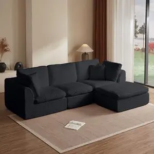 110" Cloud Sectional Couches for Living Room, Convertible L-Shape Couch with Ottoman, 3 Seater Modular Sectional Sofa, Black