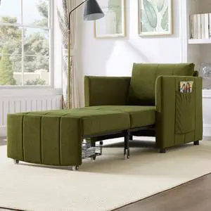 Upholstered Convertible Sleeper Sofa, 31.5" Pull Out Sofa Bed with 5-Position Adjustable Backrest, Side Pockets and a Storage Basket, Fold Out Chair Bed, Lounger For Living Room, Apartment, Green