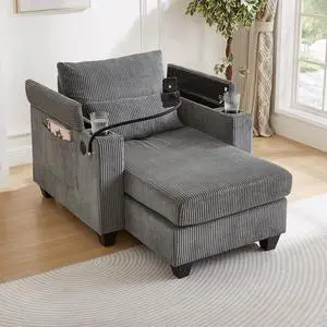 Convertible Chaise Lounge 37.4" Sofa Chair Sofa Bed Corduroy Sleeper Sofa with USB Ports , Two Cup Holders, Phone Holder and Ample Storage Space for Living Room and Bedroom, Grey