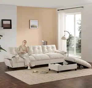 [VIDEO]104*60" Sectional Sofa, L-Shape with Multifunctional Armrest, Dual-Port Charging, Cup Holder, Side Storage Pockets, Movable Storage Ottoman, Unique Tufted Design, Soft Cushion, Chenille,3colors