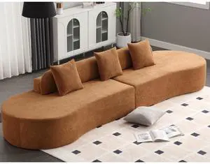 [NEW ARRIVED] [VIDEO PROVIDED] Modern curved combination sofa, terrycloth fabric sofa, minimalist sofa in living room, apartment, no assembly required, three pillows,Browm
