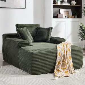 67" Chaise Lounge Chair 9.9'' Wide Armrest Indoor Corduroy Oversized Sleeper Sofa for Living Room Deep Seat Lounge and Three Soft Pillows Convertible Boneless Sofa Bed, Green, No Assembly Required