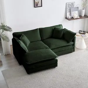 Chenille Two-Seater Sofa with 1 Footrest, 2 Seater L-Shaped Sectional with Ottoman,Loveseat with Ottoman for Small Living Space, Green Chenille