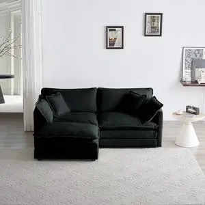 Chenille Two-Seater Sofa with 1 Footrest, 2 Seater L-Shaped Sectional with Ottoman,Loveseat with Ottoman for Small Living Space, Black Chenille