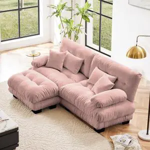 Cloud Couch Sectional Sofa for Living Room, Chenille 2 Seater Sofa with 2 Lumbar pillows and 2 throw pillows , Upholstered Wide Arm Sofa with Convertible Ottoman,Chenille Pink